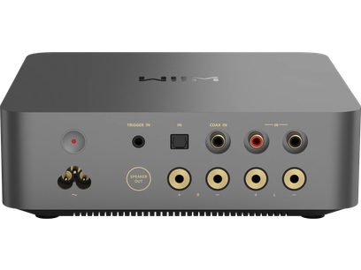 Integrerad stereo hi-fi-förstärkare WiiM Vibelink Space grey med bakpanel som har 8 runda portar och 1 fyrkantig port
