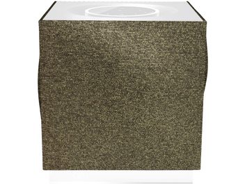 Griglia del diffusore Naim Audio Mu-so Qb 2 verde, vista frontale, maglia metallica intrecciata fitta verde oliva scuro, forma cubica