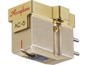 Cellule pour platine vinyle hi-fi Accuphase AC-6, vue en angle, finition dorée, 2 broches métalliques visibles, vis dorée