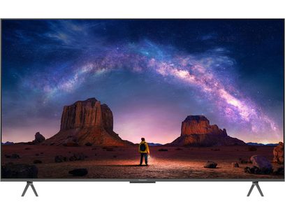 Telewizor wysokiej rozdzielczości Panasonic TV-85W95BEG w kolorze czarnym, duży płaski ekran z cienką ramką z matowego czarnego plastiku, dwa pochylone stelaże z ciemnoszarego metalu, widok z przodu