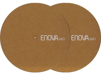 Enova HIFI FS 120 BR circular platter cover, top view, brown surface, centered white logo, visible central hole