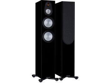 Enceintes colonnes Monitor Audio Silver 300 7G noir laqué, vue de face, 3 haut-parleurs visibles sur chaque enceinte