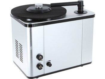 Enova HIFI MNV 50V vinüülplaatide puhastusmasin roostevabast terasest, eestvaade pöörlevale alusele ja puhastusharuaga