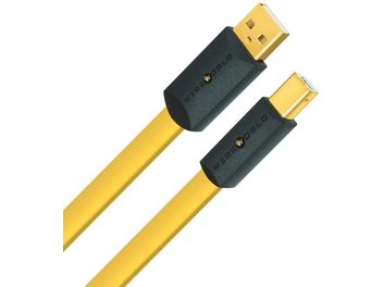 Two 1 m yellow USB cables, black and gold connectors, Wireworld brand, Chroma 8 USB 2.0 A-B model
