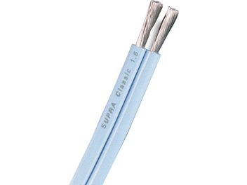 Kabel za zvočnik Supra Classic 1.6 modri, ploska plastična modro-svetla ovojnica s natisnjeno oznako, večžični vodniki iz srebrnega kovinskega materiala brez izolacije, diagonalni makro pogled
