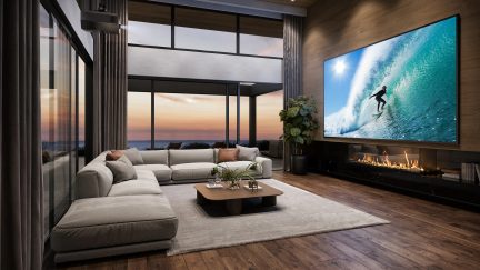 Salon moderne avec canapé d'angle beige, table basse en bois, cheminée, grande télévision, baies vitrées, rideaux gris