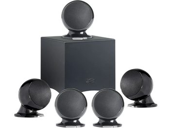 Pack d'enceintes Cabasse Alcyone 2 noir laqué : 4 enceintes sphériques noires sur socles noirs, vue de face