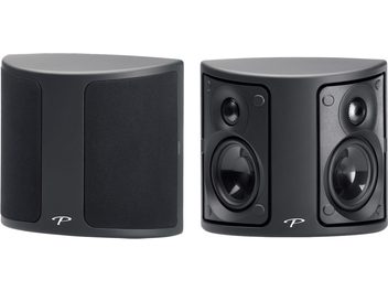 Diffusori Paradigm Surround 1 neri opachi, visti di fronte e di lato, forma rettangolare arrotondata, altoparlanti circolari