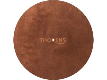 Brown leather felt circular turntable mat, top view, Thorens logo centered, visible central hole