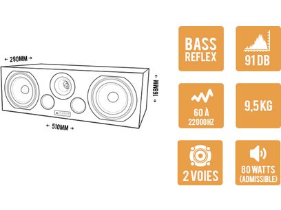 Technical diagram of a Triangle Voce EZ speaker with dimensions, 80W power, 2-way, bass reflex, 9.5kg speaker