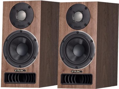 PMC Twenty5.21i bookshelf speakers in walnut wood, front panel with speakers, removable feet