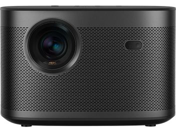 XGIMI Horizon Pro 4K videoprojektor, matt must silindrikujuline, ümmargune keskne objektiiv, kuldne 4K logo, eestvaade