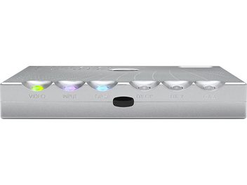 Chord Electronics Hugo M Scaler silver audio DAC converter, top view, 6 colored illuminated buttons, 1 black button, gray metallic enclosure