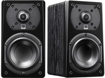 Diffusori acustici da libreria SVS Prime Satellite in nero frassino, vista frontale, tweeter e woofer circolari, cabinet rettangolare nero