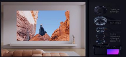 Écran affichant une personne vêtue de noir entre deux falaises rocheuses orangées sous un ciel bleu, avec un zoom optique à droite