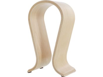 Support casque en bois clair courbé en forme de U inversé, sur pied, vue de face