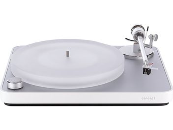 Platine vinyles hi-fi ClearAudio Pack Concept Edition silver, vue de face, plateau transparent, bras de lecture argenté, bouton de commande circulaire