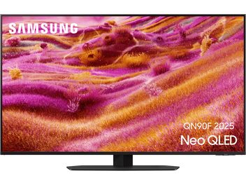 Téléviseur Samsung QN90F 2025 Neo QLED noir mat, vue de face, écran plat à cadre ultra‑fin et pied rectangulaire central noir
