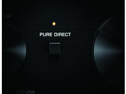 Backlit yellow "PURE DIRECT" button on the black front panel of the Yamaha R-N1000A hi-fi stereo amplifier, close-up front view