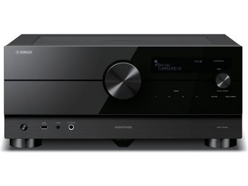 Ampli home-cinéma Yamaha RX-A4A noir, vue de face, affichage bleu "Blu-ray SURROUND AI", boutons et molettes en façade