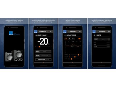 SVS SB-2000 Pro black ash subwoofer, 4 views of the subwoofer control mobile app on smartphone