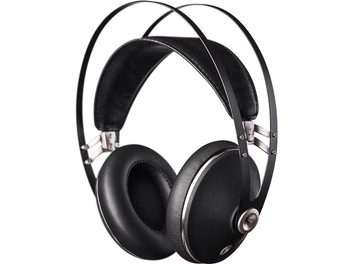 Casque audio circum-aural Meze 99 Neo noir, vu de profil gauche, coques et arceau en métal argenté et coussinets en cuir