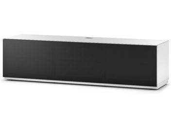 Meuble TV rectangulaire noir et blanc, vu de face, avec porte coulissante noire sur le dessus et étagère blanche en dessous