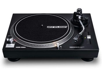 Giradischi Reloop RP 1000 MK2 nero, vista dall'alto, piatto circolare, braccio di lettura, potenziometri e manopole di regolazione