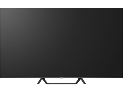 Panasonic TV-65W95BEG high-definition television in matte black with a slim plastic frame and large flat screen, mounted on a central double inclined stand, front view