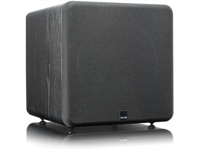 SVS SB-2000 Pro subwoofer in black ash finish, front view, placed on a reflective surface