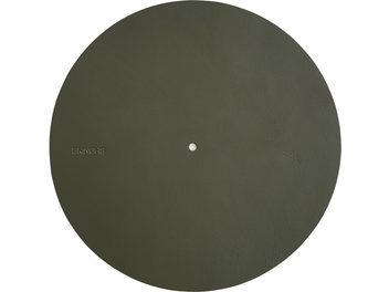Grained khaki turntable cover Bringhs circular, top view, textured surface, central hole, embossed Bringhs inscription