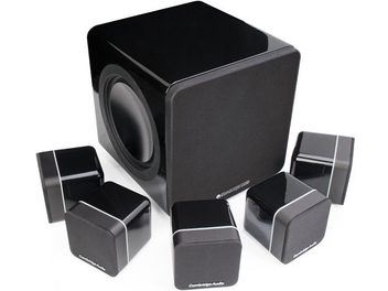 Pack d'enceintes compactes Cambridge Audio Système 215 noir, 5 enceintes cubiques et 1 caisson de basses rectangulaire, finition noire