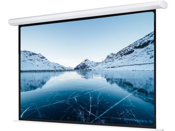 Oray HCM4S 16/9 juhtmega mootoriga ekraan 192 cm, kuvab talvelist maastikku lumiste mägedega ja jäätunud järvega otsevaates