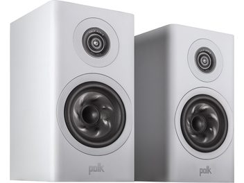 Enceintes bibliothèques Polk Audio R100 blanc, vue de face et de trois-quarts, haut-parleurs circulaires noirs sur façade blanche