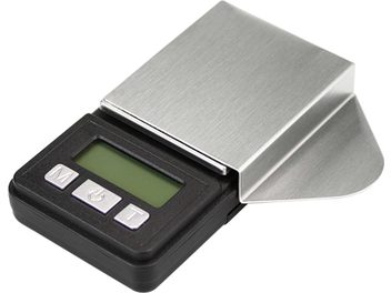 Balance électronique noire Enova HIFI BPC 5 avec écran LCD vert, 4 boutons et surface en métal brossé, vue de 3/4 avant