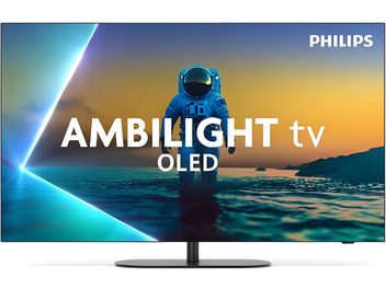 Téléviseur haute définition Philips 42OLED810 noir à cadre métallique mince et dalle en verre OLED, monté sur un pied central cylindrique en métal à base ovale, vue de face