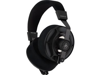 Final D8000 DC open-back wired hi-fi headphones in black, matte metal frame with fabric-padded headband and open circular grille earcups, three-quarter view