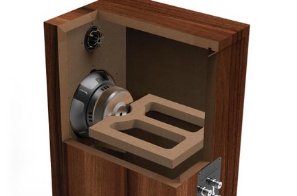 Vista in sezione prospettica di un cabinet per diffusore acustico in legno marrone e MDF, con woofer metallico argentato, piccolo tweeter nero con alette, rinforzo interno traforato rettangolare e due morsetti di collegamento posteriori