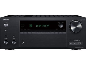 Onkyo TX-NR7100 hjemmebiograf-forstærker, sort frontpanel med grøn skærm, sølvfarvede knapper og drejeknapper, set forfra