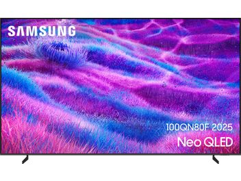 Téléviseur Samsung TQ100QN80F 2025 Neo QLED noir mat, vue de face, cadre métallique ultra‑fin avec pieds angulaires noirs