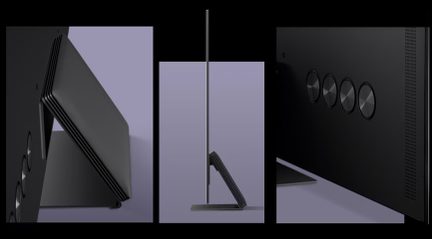 Support incliné rectangulaire noir, écran ultra-fin en profil latéral, panneau arrière noir avec 4 boutons circulaires métalliques