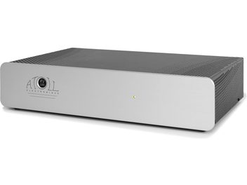 Πολυκάναλος ενισχυτής ισχύος Atoll Electronique AV100 σε ασημί χρώμα, μετωπική όψη, ορθογώνιο σχήμα, ασημί πρόσοψη, μαύρη σχάρα, λογότυπο στην πάνω αριστερή γωνία, πράσινη λυχνία LED