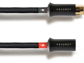 Symmetrisk Advance Paris Link XLR-lydkabel i sort med flettet nylonkappe, sorte metalstik med gylden skrift og grå stålriflet skrue, grå og rød retningsmarkering, nærbillede fra siden af åbne han- og hunstik med forgyldte treben.