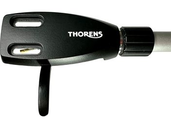 Matte black headshell for Thorens TD 204 with white logo, two oval slots, and black lever, side view