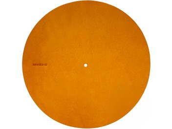 Turntable platter cover Bringhs, saffron finish, circular, smooth surface, central hole, visible Bringhs inscription