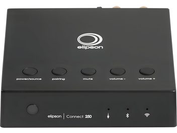 Przedni panel stereofonicznego wzmacniacza hi-fi Elipson Connect 250 w kolorze czarnym, z białym logo, przyciskami, wskaźnikami i ikonami
