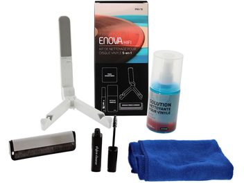 5-in-1 vinüülplaatide puhastuskomplekt Enova HIFI PNV 10, mis sisaldab harja, 200 ml puhastusvahendit ja puhastuslappe