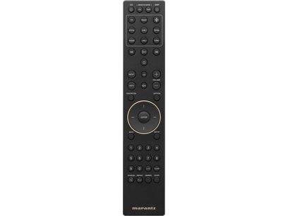 Télécommande noire rectangulaire avec boutons circulaires et rectangulaires, texte blanc, logo Marantz en bas