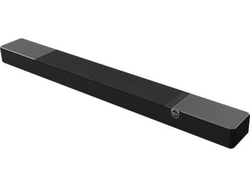 Μαύρη ηχομπάρα Klipsch Flexus Core 200, ορθογώνιου σχήματος, με ακουστική γρίλια και μεταλλικά κουμπιά αφής, σε λευκό φόντο