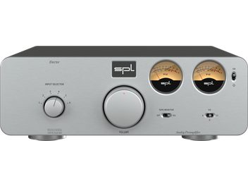 SPL Elector stereo preamplifier silver with silver front panel, 2 circular VU meters, 1 central volume knob, 1 rotary input selector, 2 toggle switches, and 1 side toggle switch